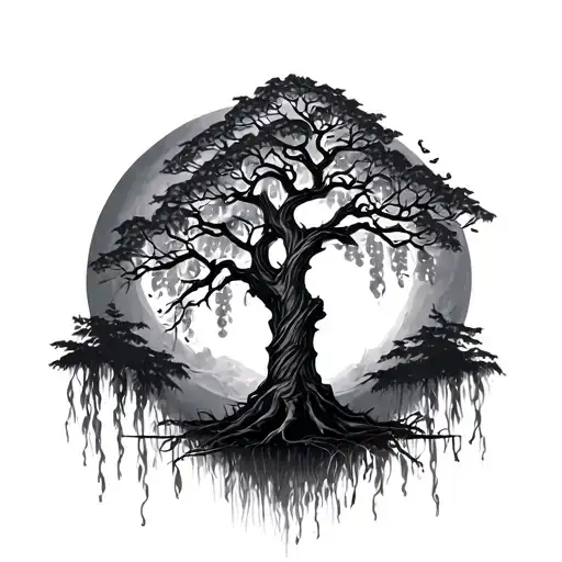 Willow Tree And Half Moon In The Background Wispy