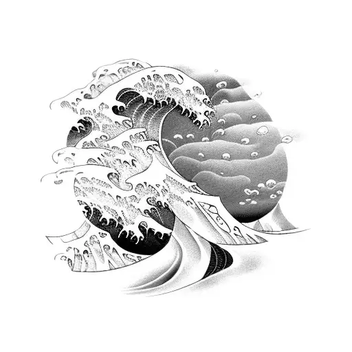 A Black-grey Tattoo Of A Japanese Wave With The Word 'Mortem' Incorporated