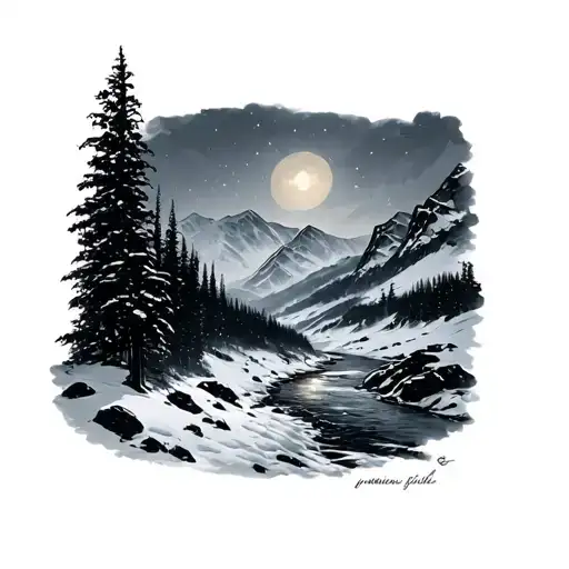 Snowy Mountain Slope At Night With A River