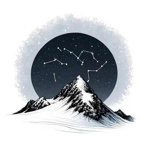 Snowy Mountain Slope At Night Sky With Constellations