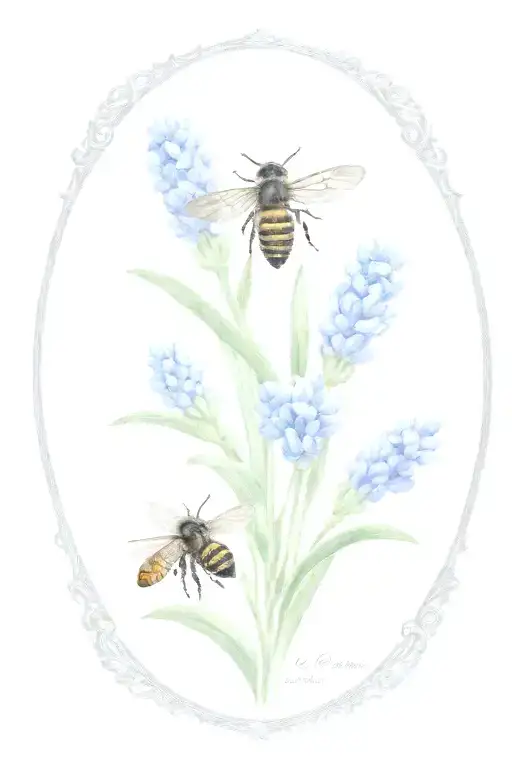 Quarts Crystal Cluster In Front Of A Bluebonnet Boquet With A Lavender Robbon And Tiny Honeybee