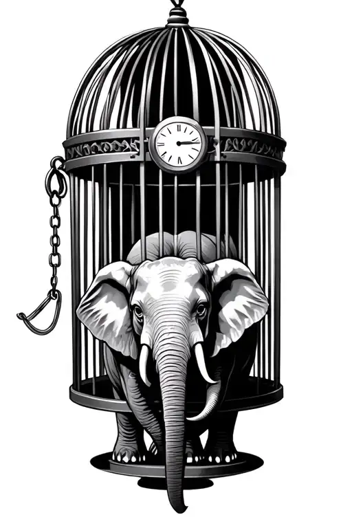 Elephant In A Cage With A Clock Chained To It