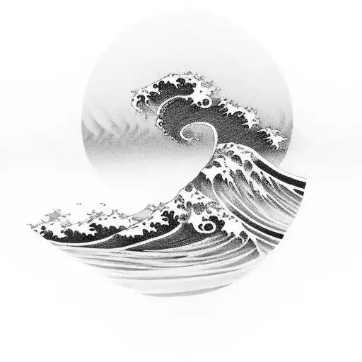 A Black-grey Tattoo Of A Japanese Wave With The Word 'Mortem' Incorporated