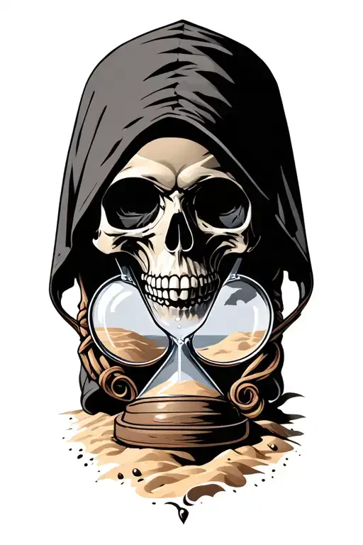 Skull Wearing Hood And Hour Glass With Sand