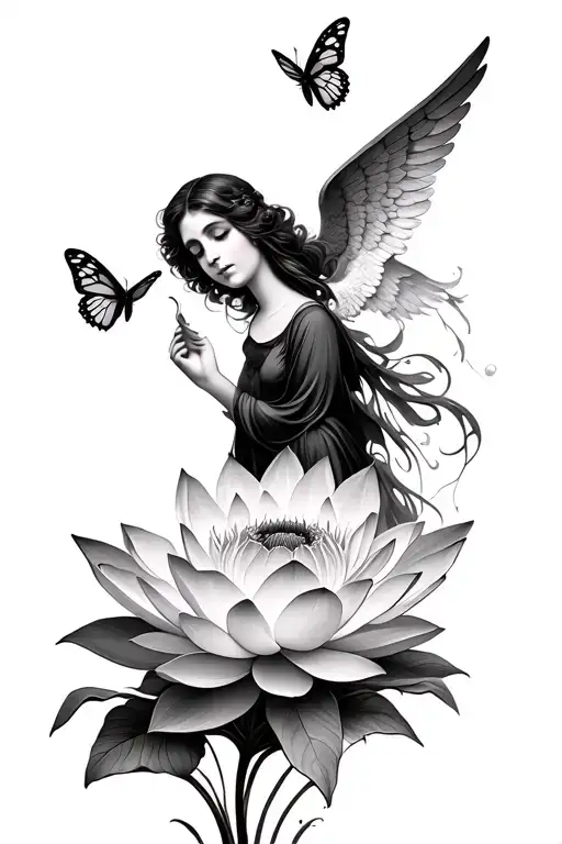 Lotus Flower Blooming Under Butterflies And An Angel