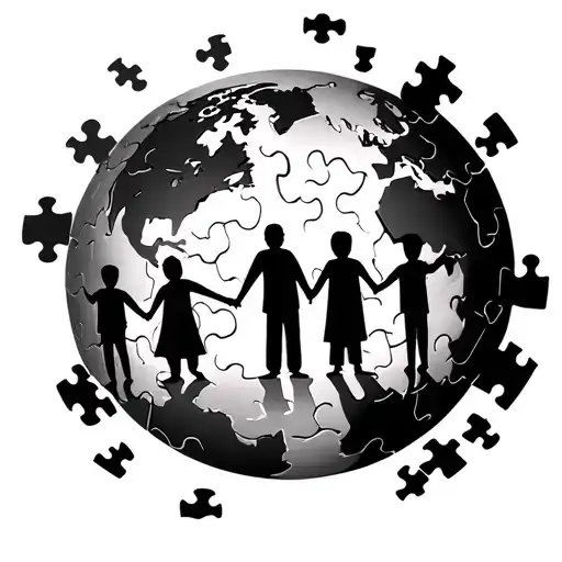 Autism Mum And Three Sons Holding Hands Broken Puzzle World Background