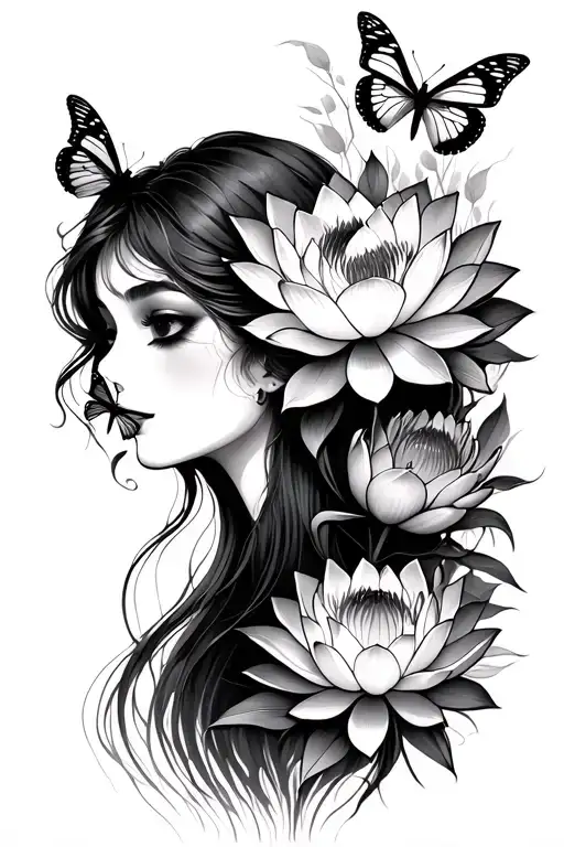 Lotus Flower Blooming Under Butterflies And A Girls Face With Longer Hair