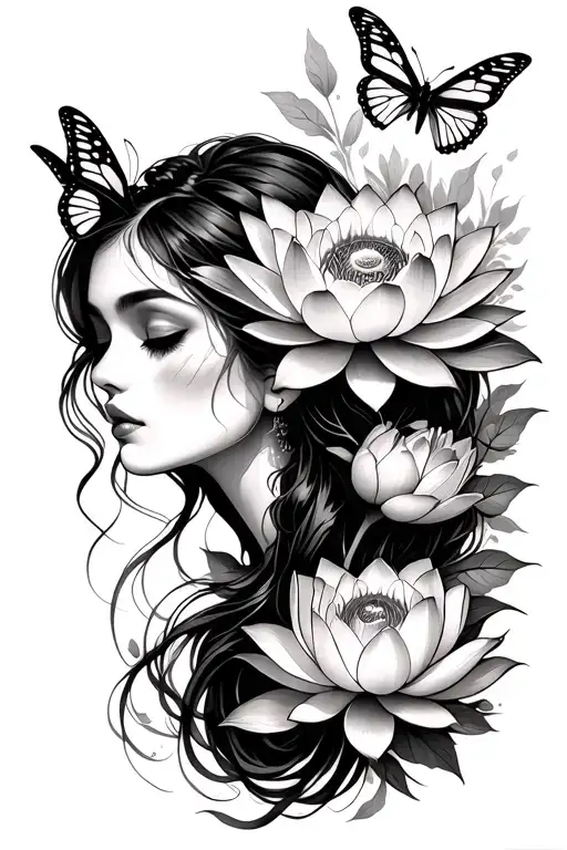 Lotus Flower Blooming Under Butterflies And A Girls Face With Longer Hair Full Sleeve