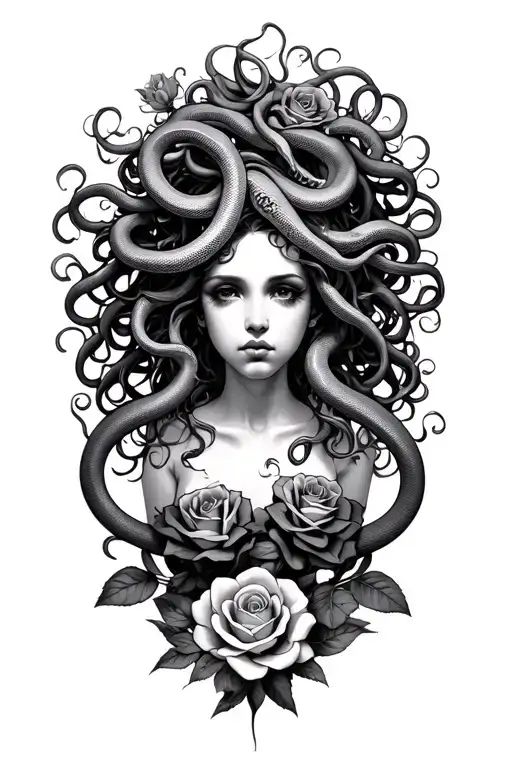 Medusa With Snakes And Roses Surrounded