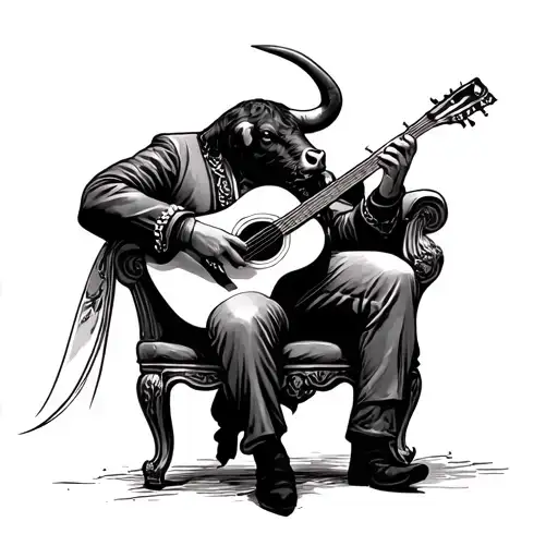 Bull Sitting In A Chair Playing Flamenco Guitar While Being Stabbed By Matador