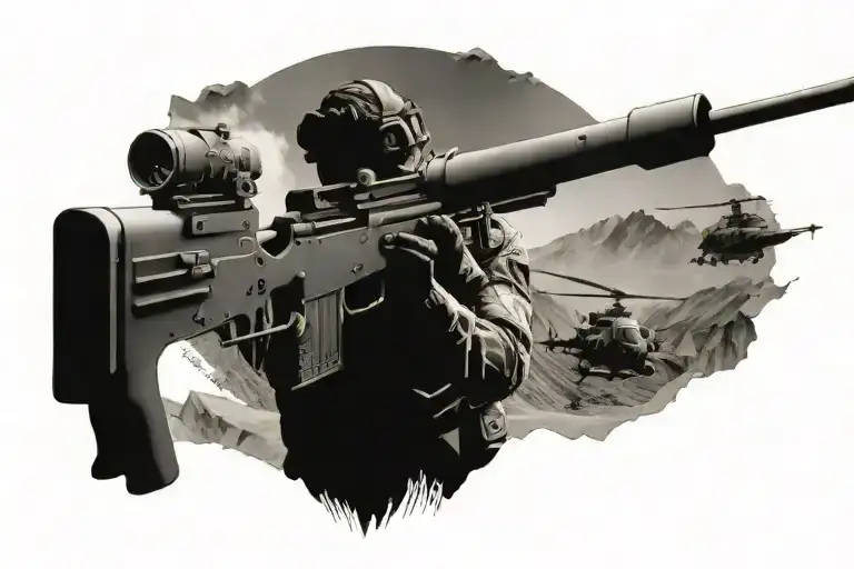 A Sniper In The Foreground And Mountains And A Helicopter In The Background