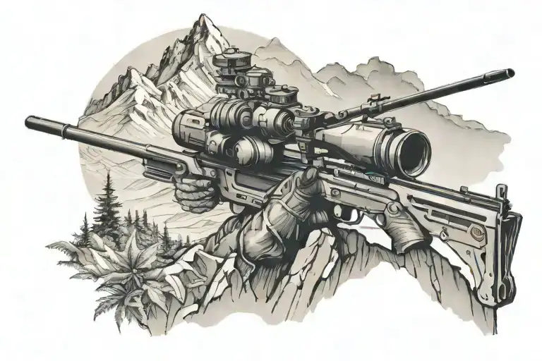 Sniper On The Mountain In The Foreground And In The Background Mountains And A Helicopter