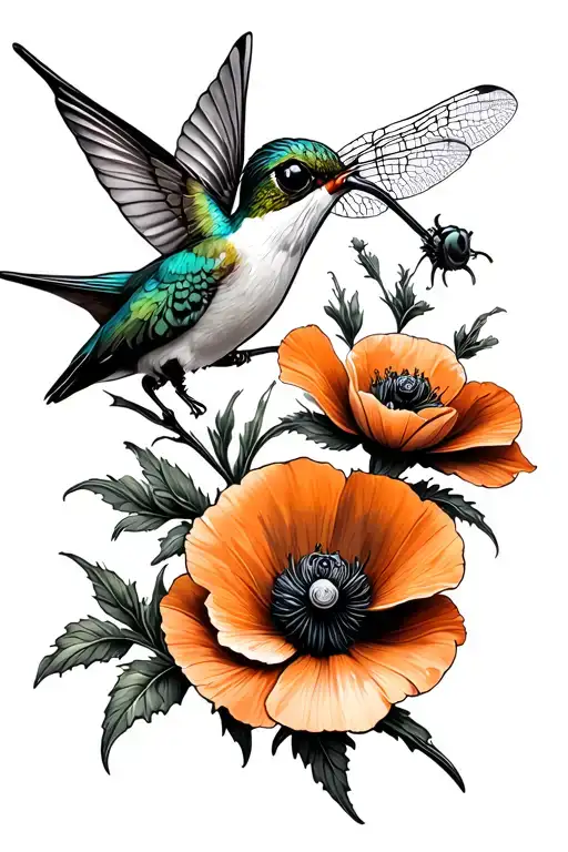 Hummingbird And Dragonfly And Orange Poppy Flower