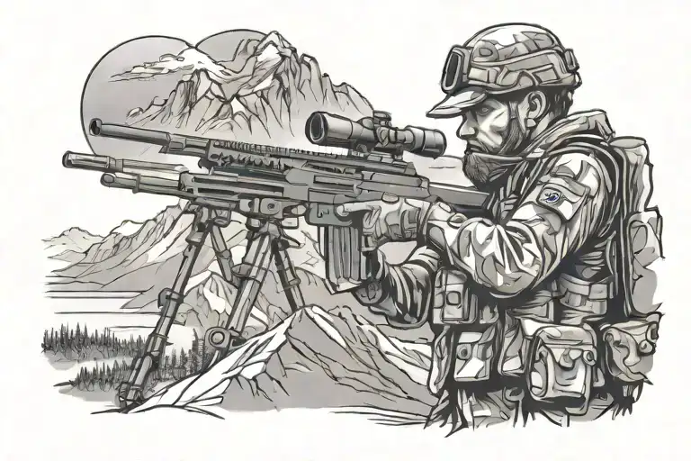 A Soldier With A Sniper Rifle And Mountains In The Background
