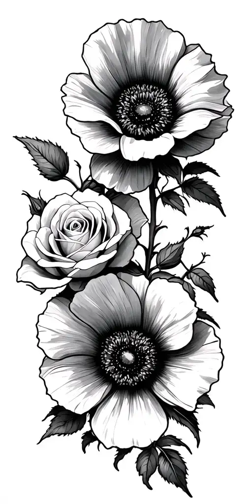 Two Poppy Flowers Sunflower And White Rose Vine