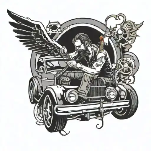 A Gothic Themed Tattoo Of A Mechanic Working On A Car Surrounded By Music Symbols