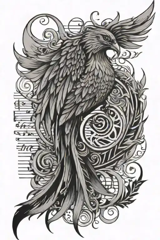 Phoenix With Tail Flowing Into Musical Sheet Music Notes