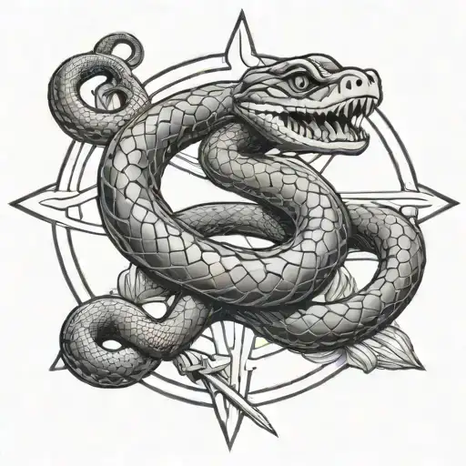 Snake Wrapped Around A Spear And Sun