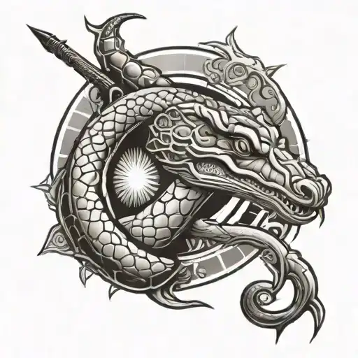 Spitting Snake Wrapped Around A Spear Sun Setting