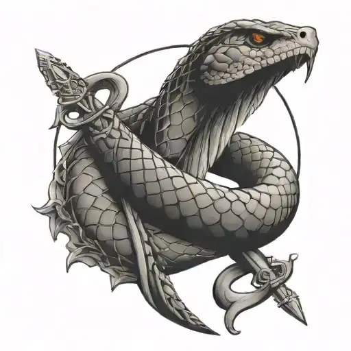 Snake Wrapped Around A Roman Spear With A Crescent Moon Hanging
