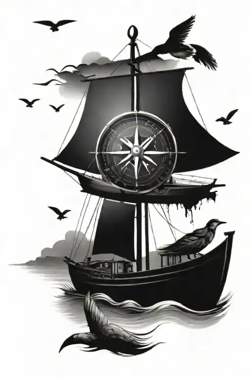 Black And Grey Small Boat On Water With Compass And Birds
