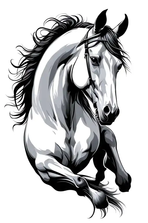 Horse In Movement Black And Gray Tattoo With Shadowing