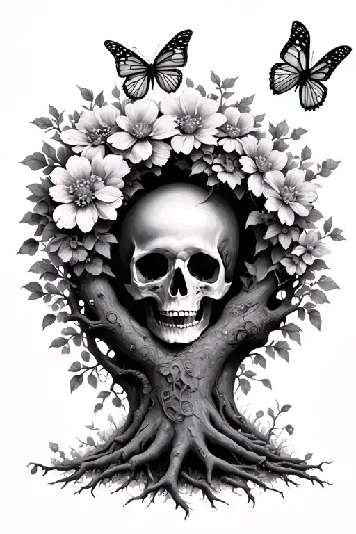 Death Below A Tree Growing With Flowers Wrapping Around The Branches And Butterflies