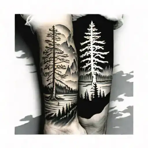 Arm Tattoo With Sky At The Top Then Moutains And Trees And Hunting And Fishing