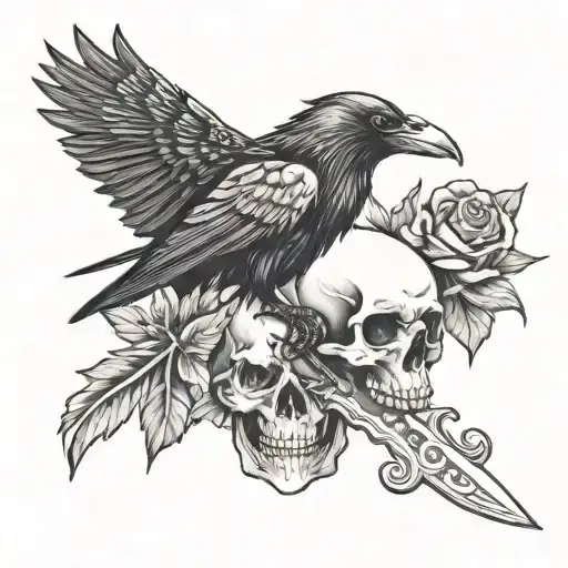 Crow On Top Of Skull With Dagger Behind