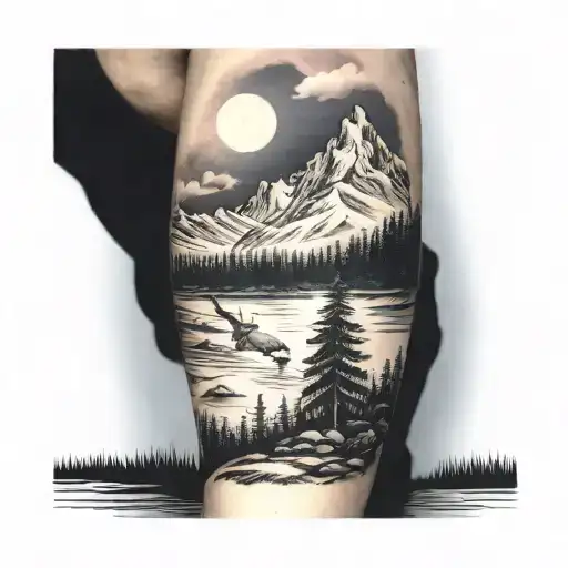 Arm Tattoo With Sky At The Top Then Moutains And Trees And Hunting And Fishing
