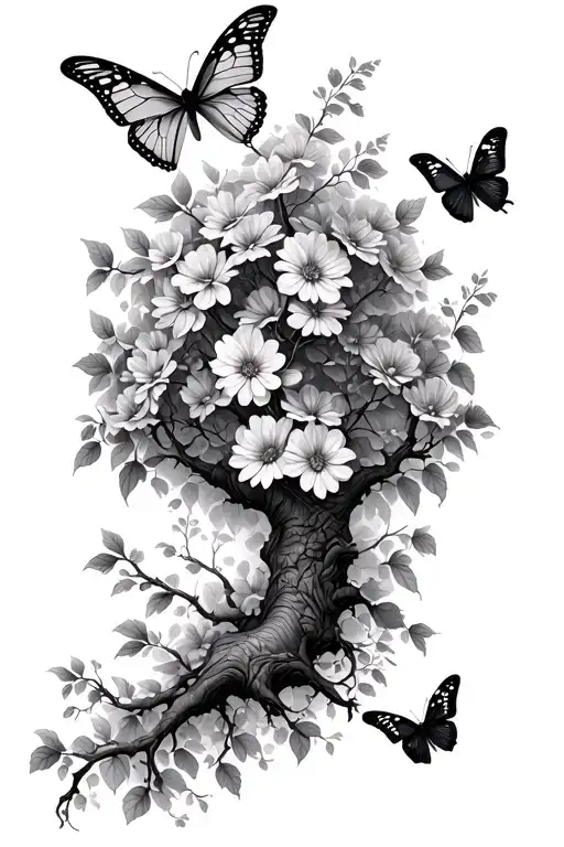 Tree Growing With Flowers Wrapping Around The Branches And Butterflies