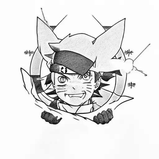 A Tattoo Design Featuring Naruto And Pikachu Teaming Up In A Black And Grey Style