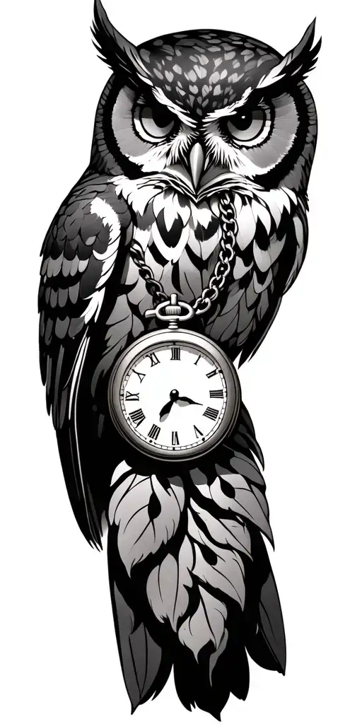 Owl With Pocket Watch Around Its Neck Intertwined