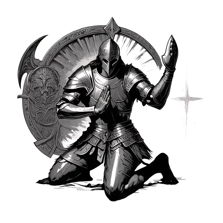 Warrior Wearing Armour Of God Kneeling With The Armour Of God Pray