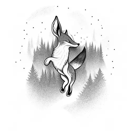 A Fox Gracefully Leaping Over A Tranquil Blue River In A Forest