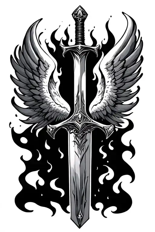 Sword With Wings Engulfed In Flames Around It