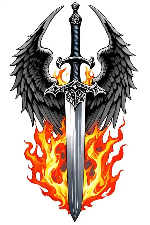 Sword With Wings Engulfed In Flames Around It