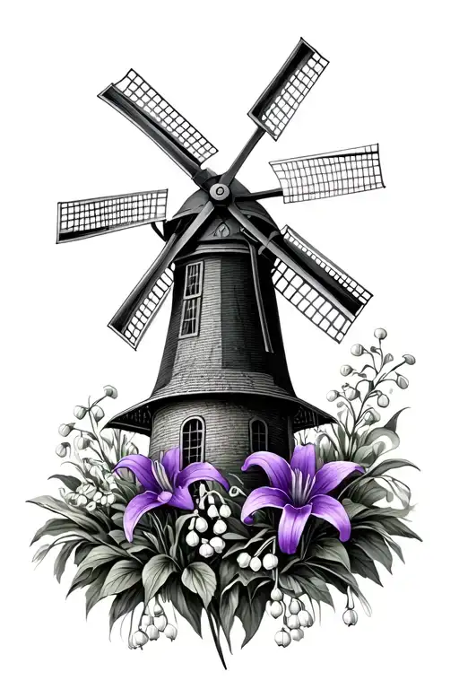 Windmill In Antique Frame With Violet And Lily Of The Valley