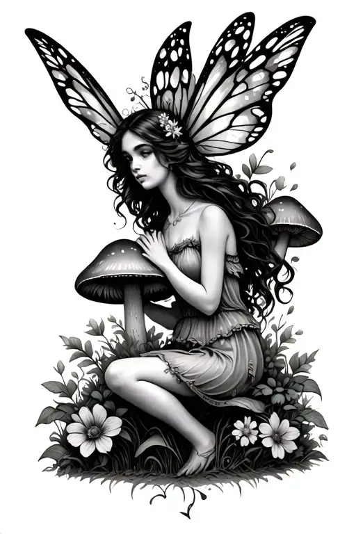 Fairy In Home Surrounded By Flowers And Mushrooms