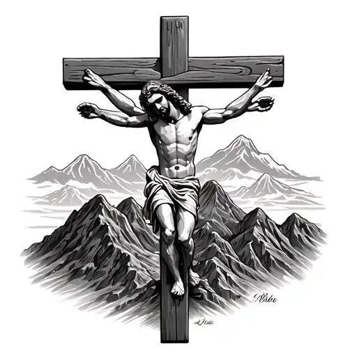 Jesus On A Cross Tattoo With Mountains