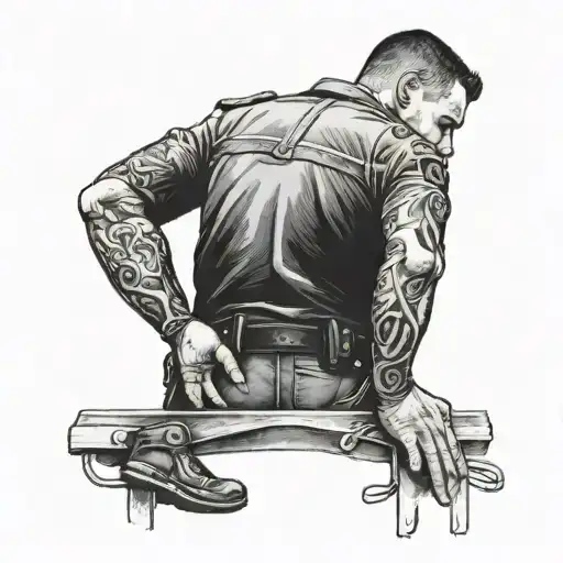 Police Officer Waiting With His Hands Tied Behind His Back In Front Of A Guillotine