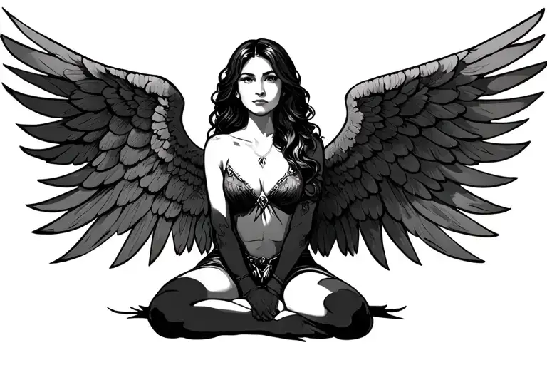 Female Guardian Open Wings Sitting Down