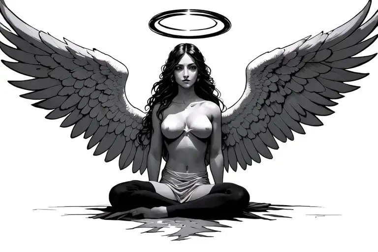 Female Guardian Open Wings Sitting Down Halo Above Head