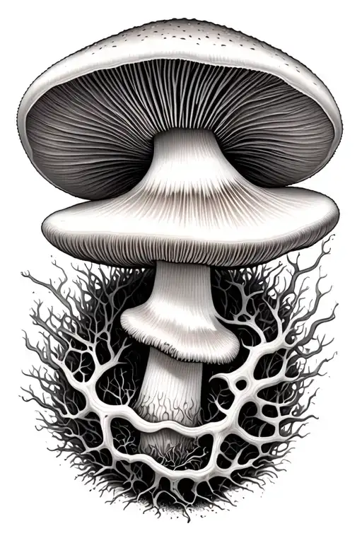 Mushroom With Mycelium Network From Bottom