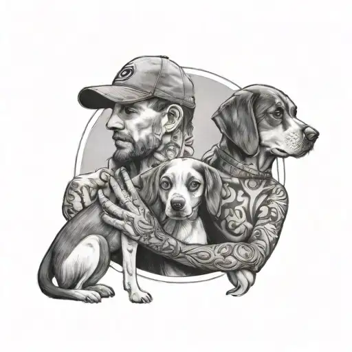 A Man With A Girl In His Hand And A Dog Next To The Girl