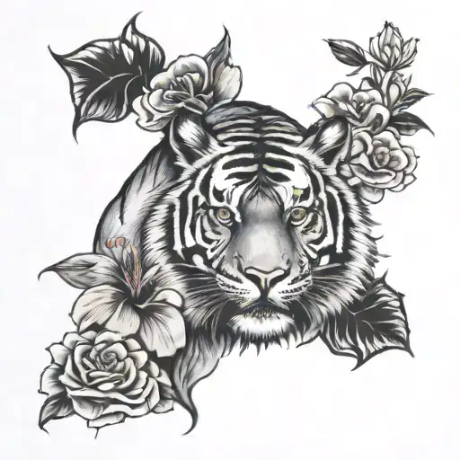 Full Body Tiger And Hibiscus Flower
