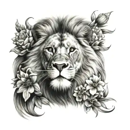 Realistic Lion Head With Flowers Highly Realistic