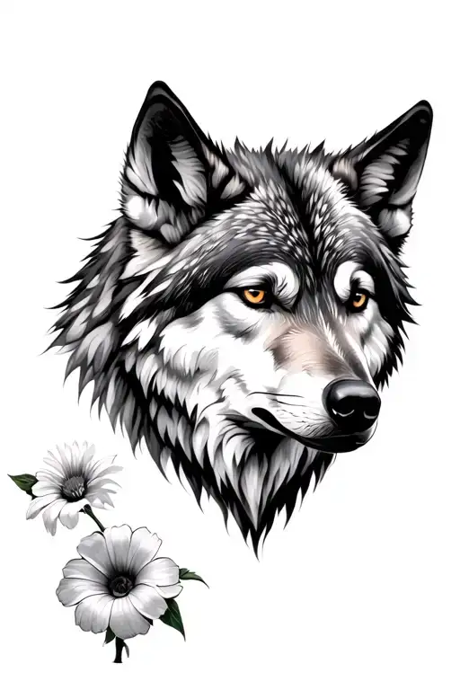 Wolf With The Left Half Of Its Face Being Morning Glories And Asters