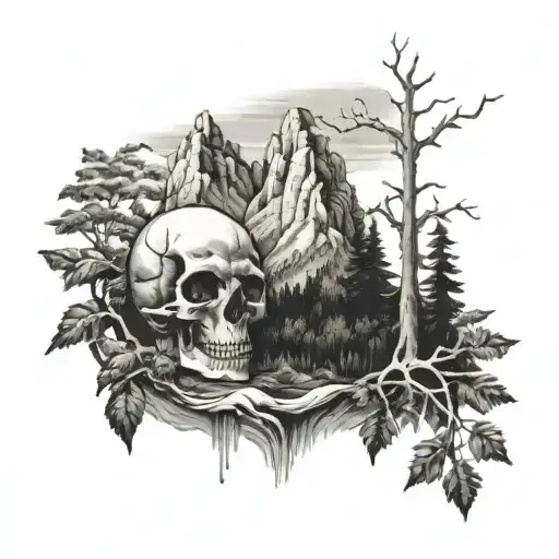 A Peaceful Mountain Scene With A Hidden Skull Among The Trees