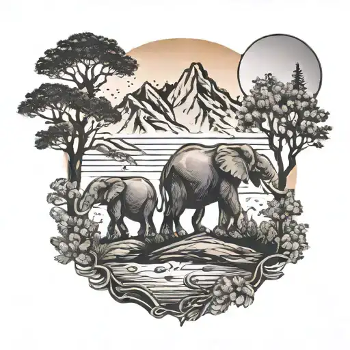 Sunrise Over Mountains With Pine Forest And Elephants Tattoo In A Circular Shape